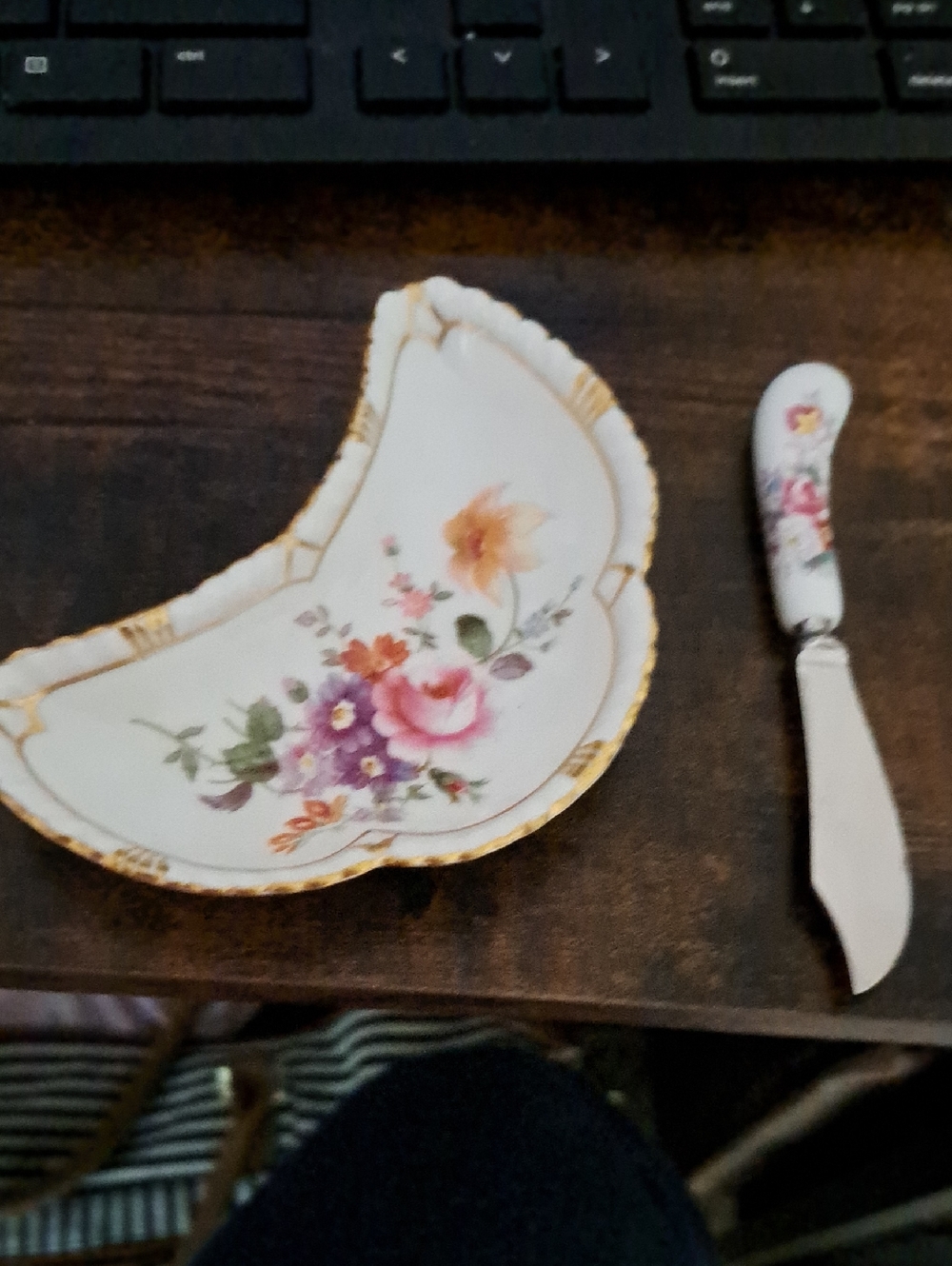 Royal Crown Derby White Floral Crescent Dish with Gold Trim and Floral Knife